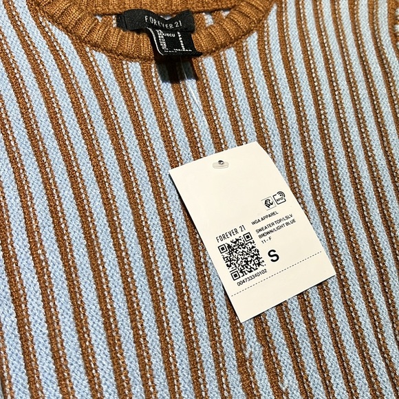 NWT Forever 21 Striped Ribbed Long Sleeve Crop Sweater Blue/Brown Small - Picture 2 of 4
